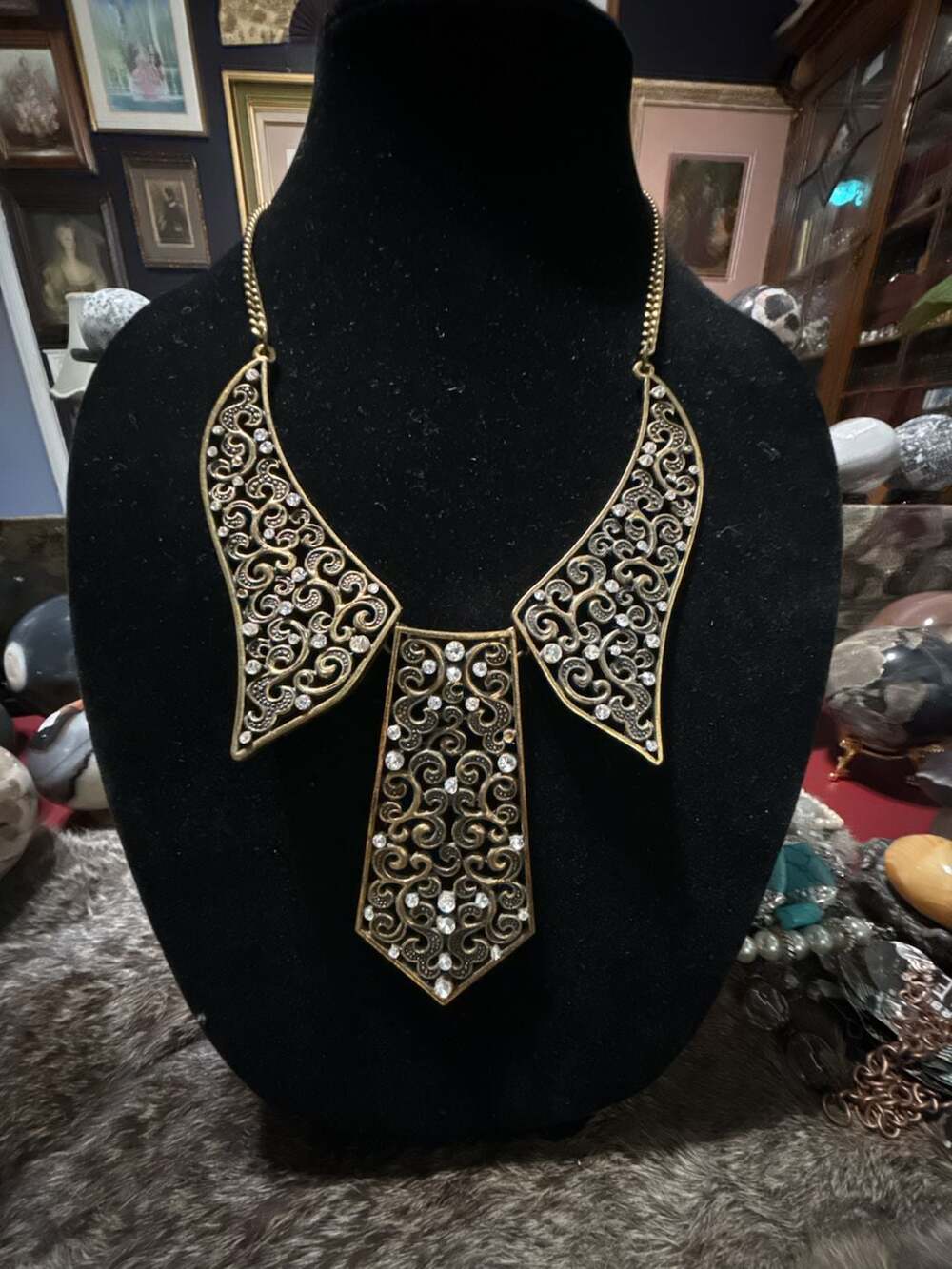 Vintage Monet Gold Tone Filigree Open Work Rhinestone Bib Statement Necklace